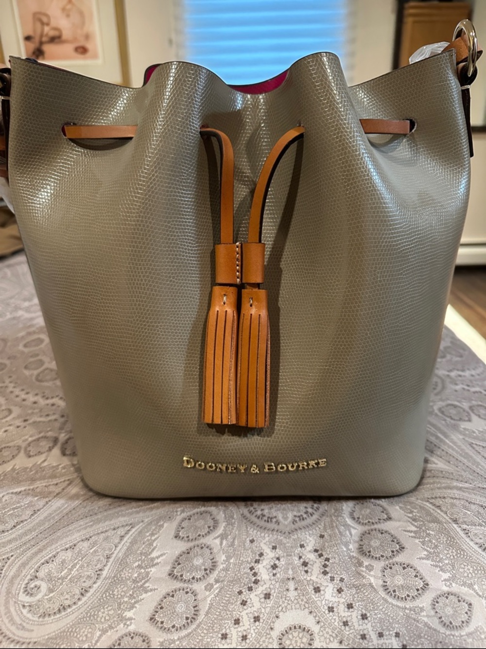 Dooney & Bourke Grey Textured Leather Drawstring Bucket Bag with Tan Tassels